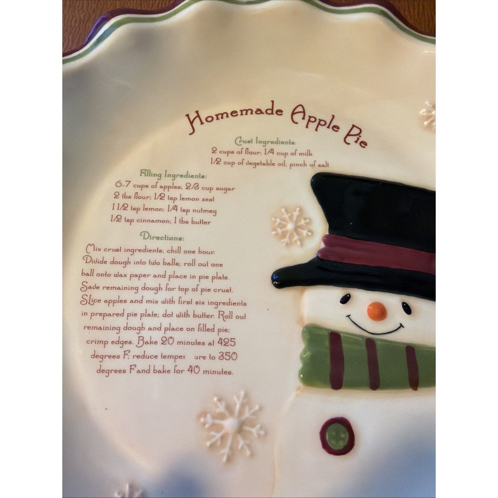 Vtg Russ‎ Berrie Homemade Apple Pie Recipe Pie Plate Snowman - Picture 2 of 9